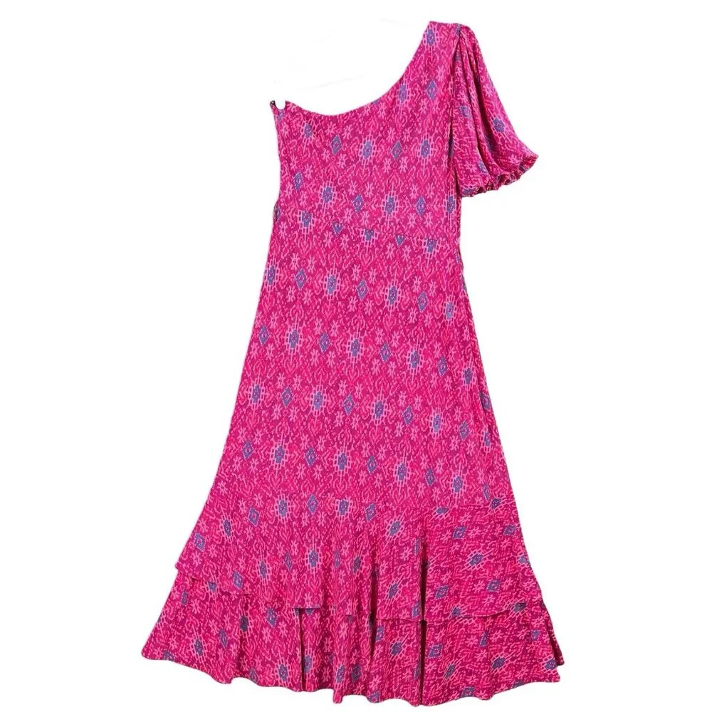 LAUREN Ralph Lauren Women Ruffle Dress Sz 10 Fuchsia Multi Geo High Low Hem NWT - Picture 2 of 14